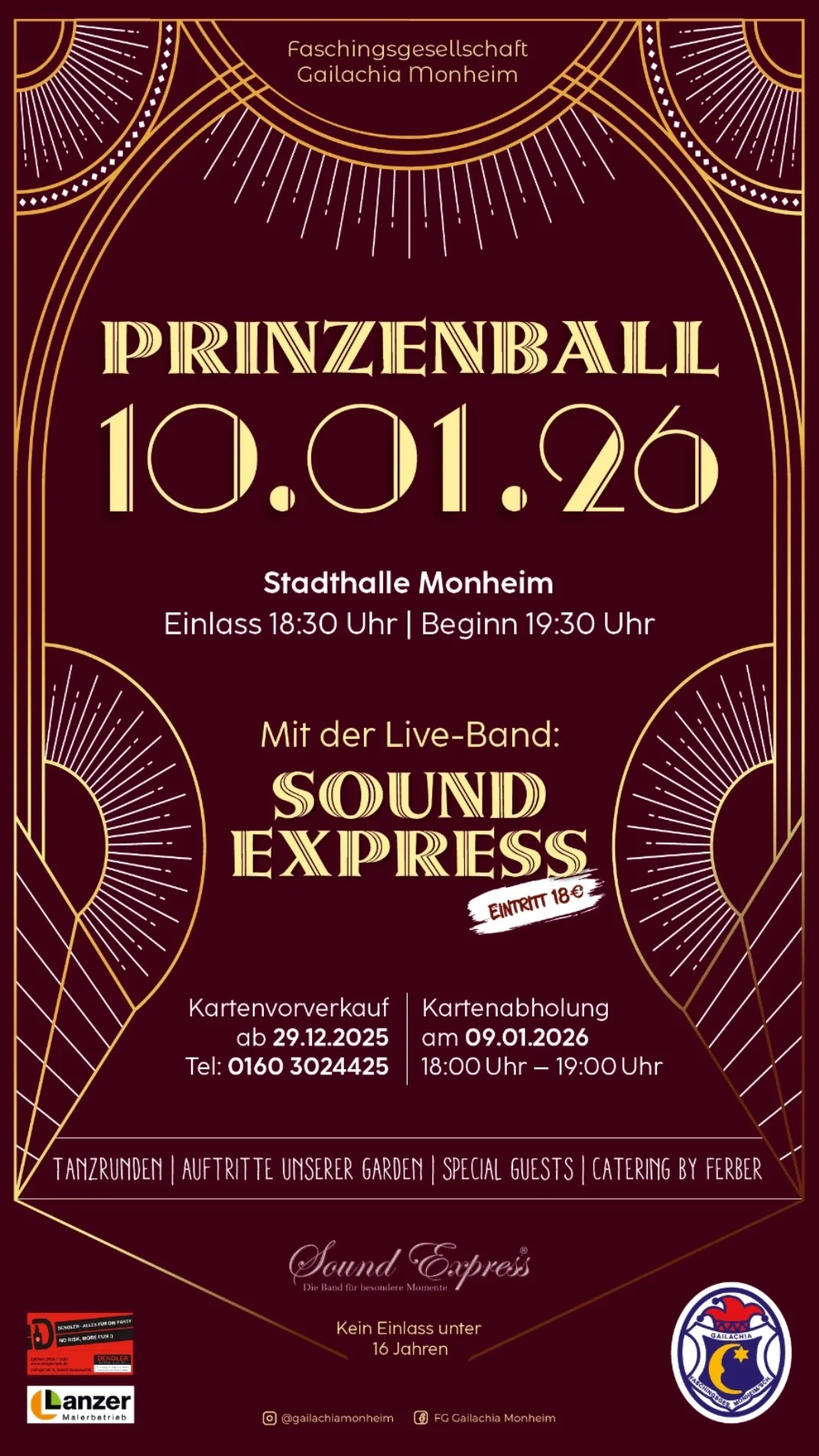 Plakat für Prinzenball der FG Gailachia am 10.01.2026 in Stadthalle Monheim mit Live-Band Sound Express, Einlass 18:30 Uhr, Beginn 19:30 Uhr.