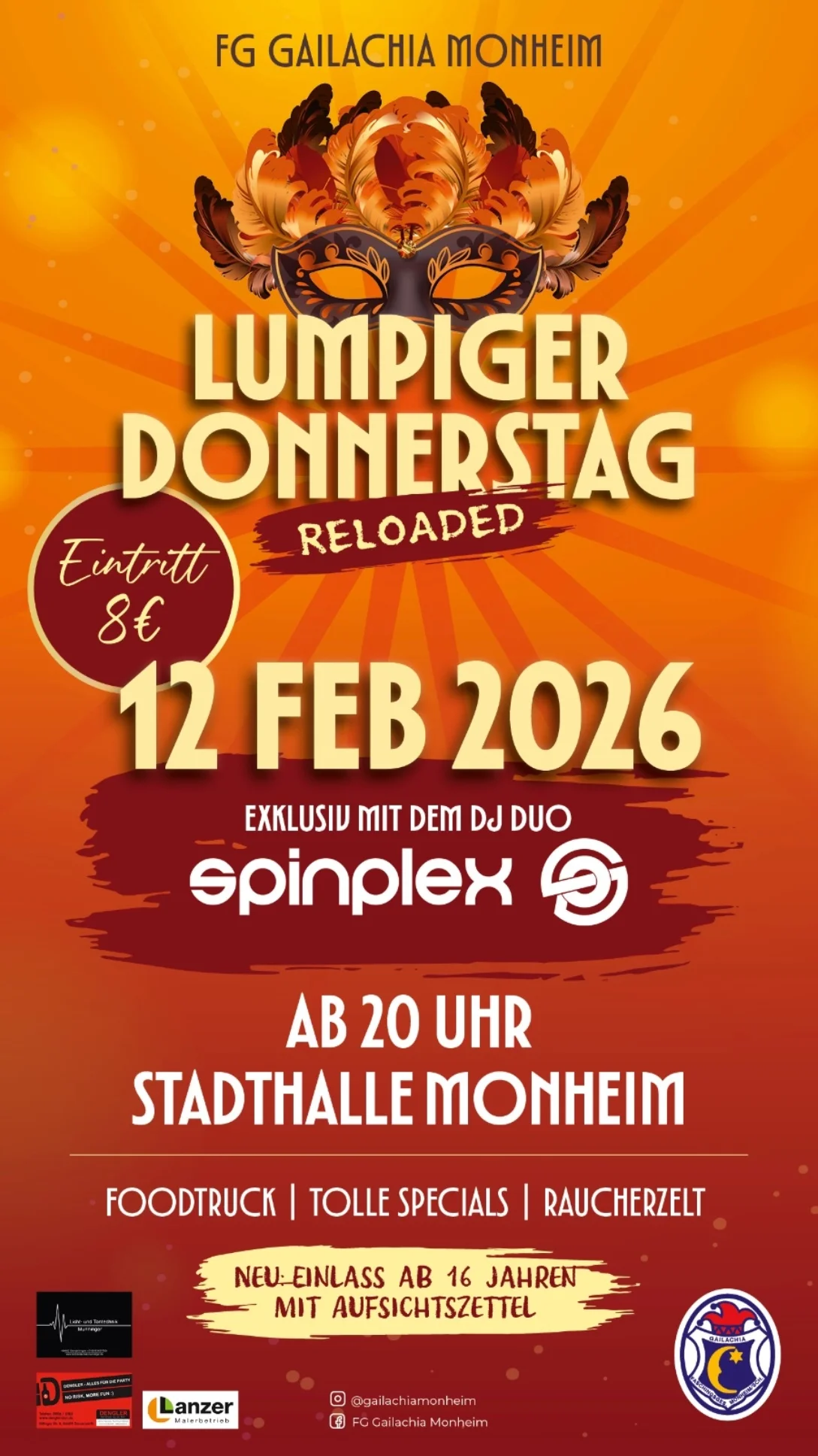 Veranstaltungsplakat der Faschingsgesellschaft Monheim für Lumpiger Donnerstag Reloaded am 12. Februar 2026 ab 20 Uhr in der Stadthalle Monheim.