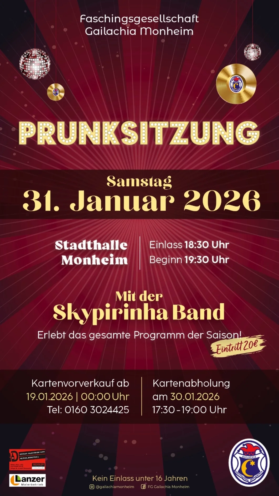 Plakat der Faschingsgesellschaft Gailachia Monheim für die Prunksitzung am 31. Januar 2026 in der Stadthalle Monheim mit Skypirinha Band.