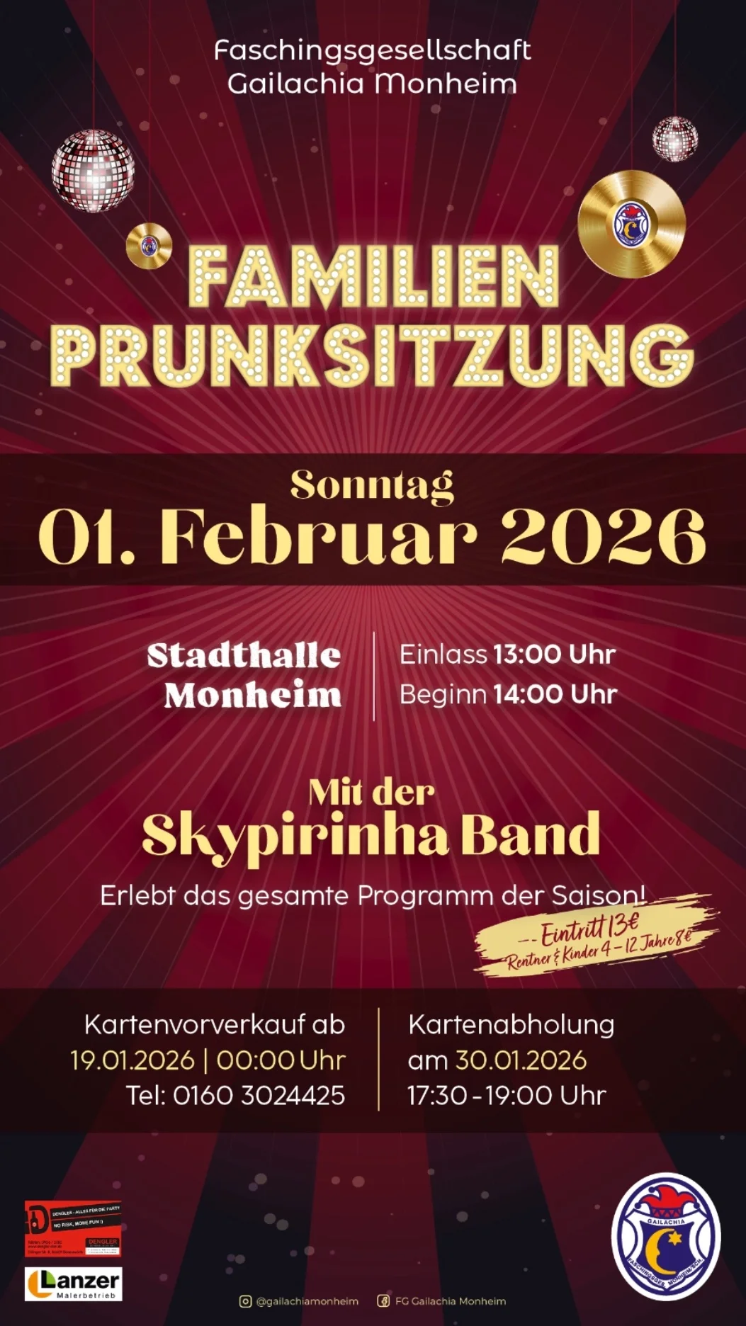 Plakat der Faschingsgesellschaft Gailachia Monheim für Familienprunksitzung am 1. Februar 2026 in der Stadthalle Monheim mit der Skypirinha Band