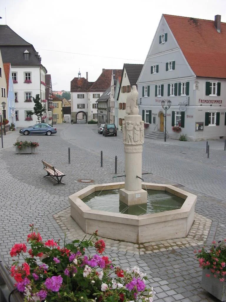 Im Vordergrund ein grauer achteckiger Brunnen aus Jura-Stein mit einer Säule und einer darauf Sitzenden Skulptur des Adlers. Brunnen ist mit Wasser befüllt auf einem gepflastertem Platz mit Häusern und parkenden Autos am Straßenrand. Blumen links unten im Bild im Vordergrund.