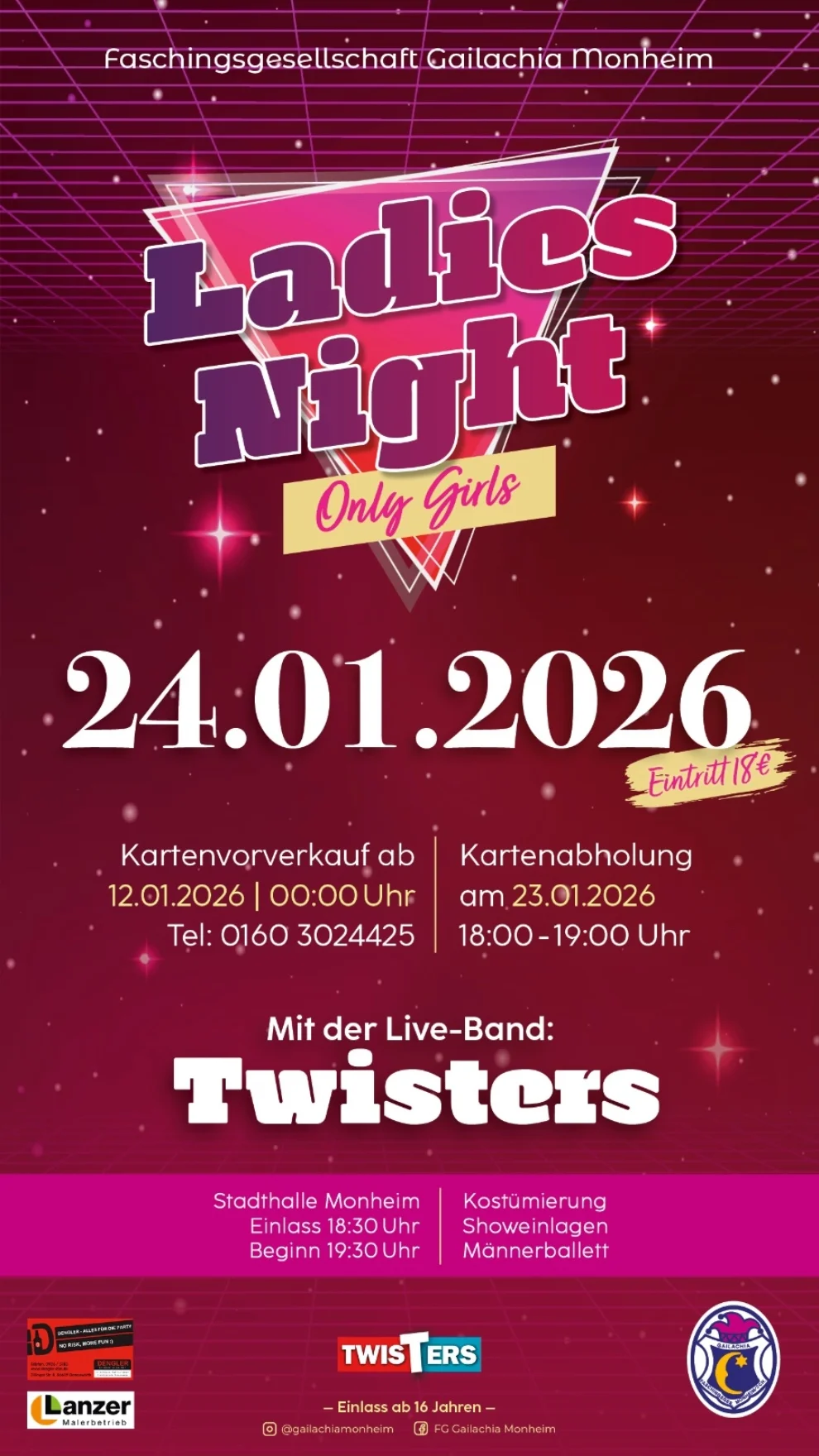 Plakat der FG Gailachia für die Ladies Night am 24.01.2026 mit Live-Band Twisters in Stadthalle Monheim, Einlass 18:30 Uhr.