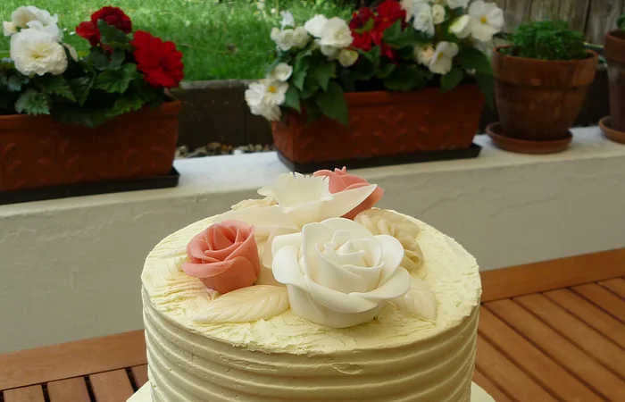 Zweistufige weiße Hochzeitstorte mit Rosen aus Zuckerguss verziert steht auf einem Holztisch im Garten. Im Hintergrund bepflanzte Blumentöpfe und grüne Wiese.