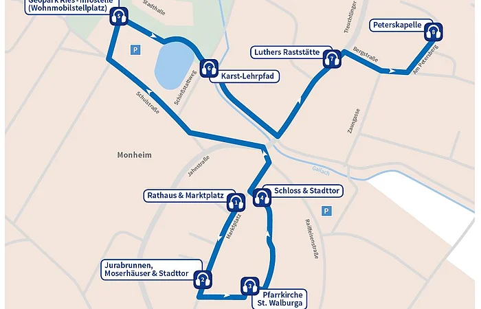 Karte mit einer Rundroute durch Monheim mit acht Lauschtour-Punkten und deren Bezeichnungen sowie Straßenverlauf.