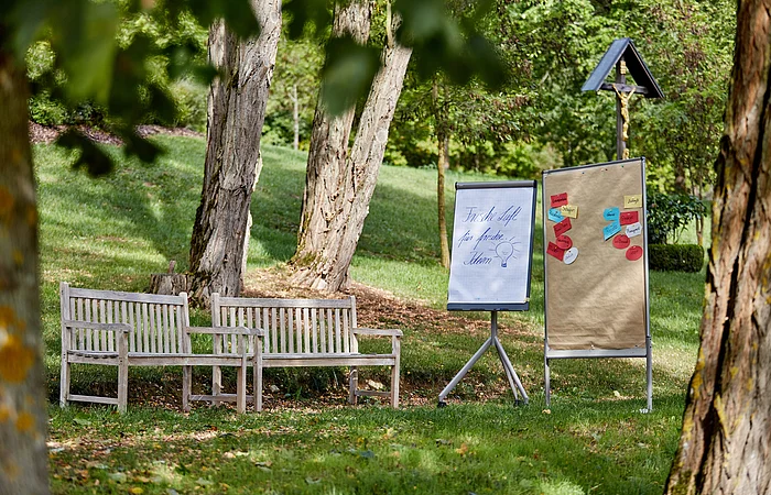 Zwei Holzbänke und zwei Flipcharts mit Notizen stehen auf einer Wiese unter Bäumen im Freien.