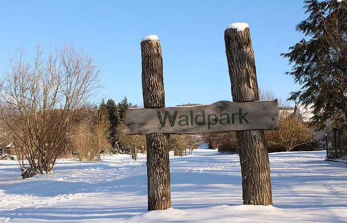 Holzschild mit der Aufschrift „Waldpark“ zwischen zwei Baumstämmen im verschneiten Park unter blauem Himmel