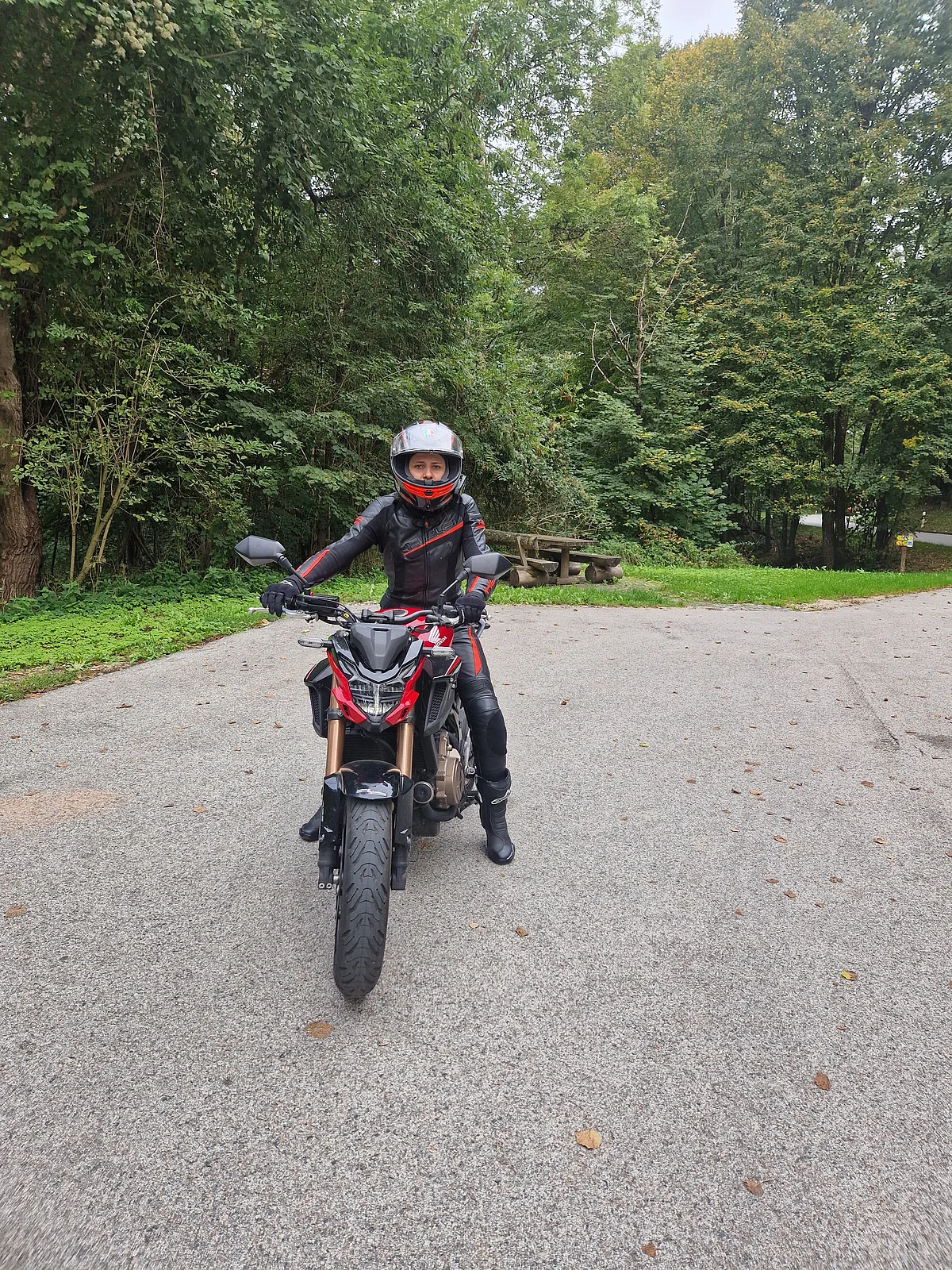 Person in schwarzer Motorradkleidung und Helm sitzt auf rotem Motorrad auf asphaltierter Fläche vor Wald und Picknickbank.