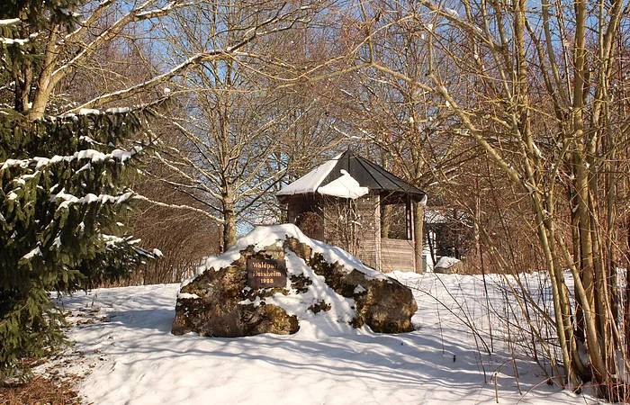 Schneebedeckter Wald mit kahlen Bäumen, einem großen Stein mit Schild und einer Holzhütte im Hintergrund.