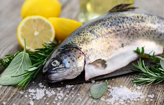 Frischer ganzer Fisch mit Zitronen, Rosmarin, Salbei und grobem Meersalz auf Holzuntergrund.