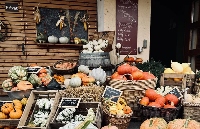 Verschiedene Kürbisse und Zierkürbisse in Körben und Kisten vor einem Hofladen mit Preisschildern.
