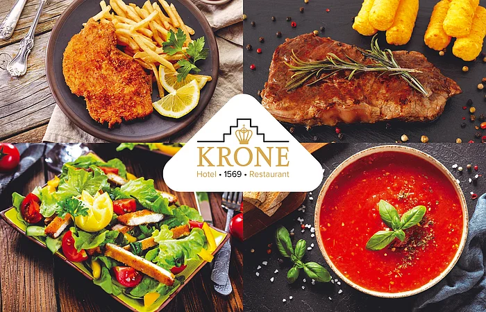 Vier Essensbilder mit Schnitzel und Pommes, Steak mit Kroketten, Salat mit Hähnchenstreifen und Tomatensuppe, mittig Logo Krone Hotel Restaurant