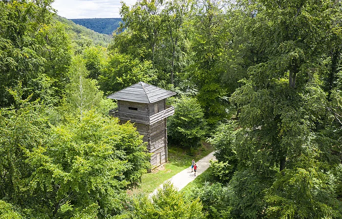 Wanderer unterwegs auf dem Altmühltal-Panoramaweg sind gerade auf Höhe des Limesturms in Kipfenberg. Dieser steht inmitten grüner Bäume.