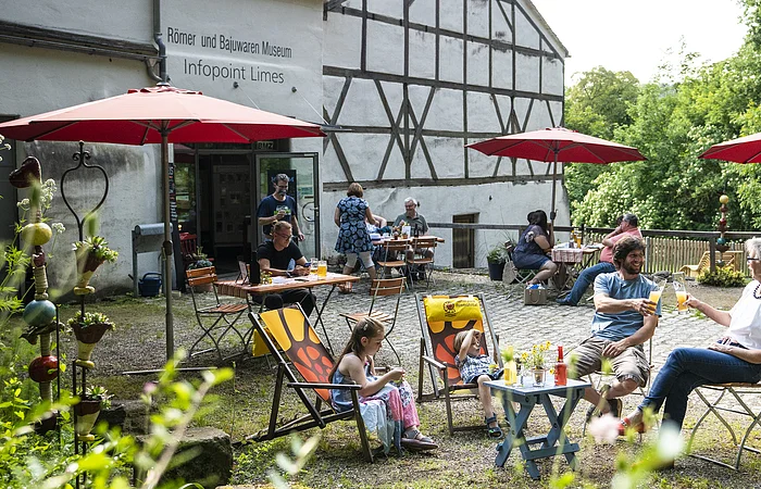 Museumscafé, Außenbereich mit Sitzgruppen, Sonnenschirmen und Gästen, die Getränke und Eis konsumieren.