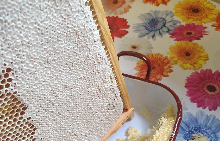 Honigwabe in Holzrahmen mit Wachskratzer und Wachsresten auf weißem Tablett mit buntem Blumenmuster.