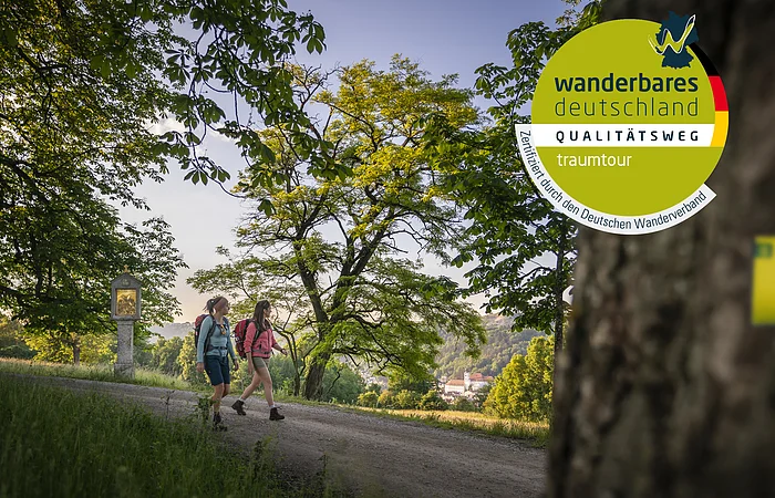 Zwei Wanderinnen auf einem Weg unter Bäumen, Wanderweg-Markierung an Stamm im Vordergrund