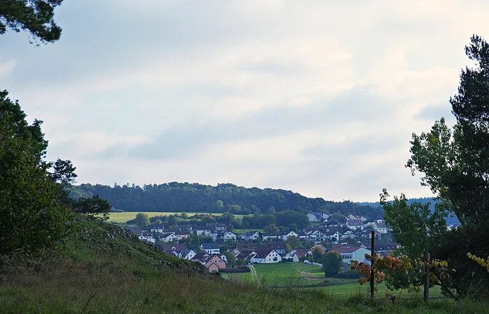 Blick auf eine kleine Ortschaft mit weißen Häusern, umgeben von Wiesen und Bäumen unter bewölktem Himmel.