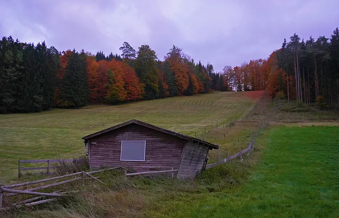 Alte Holzhütte auf einer Wiese mit herbstlich gefärbtem Wald im Hintergrund unter bewölktem Himmel.