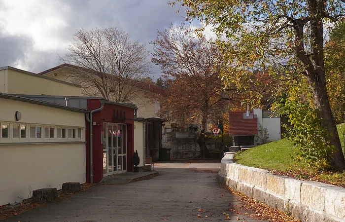 Außenansicht eines Gebäudes mit Bäumen und Gehweg im Herbst bei bewölktem Himmel.
