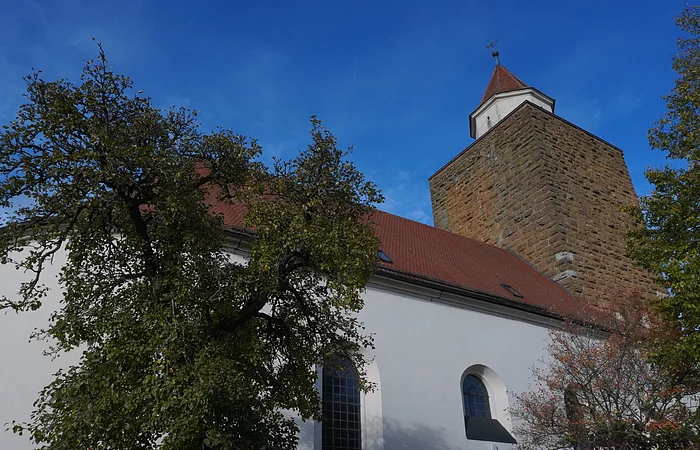 Kirche mit weißer Fassade, rotem Dach und steinernem Turm vor blauem Himmel und Bäumen im Vordergrund.