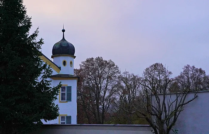 Weißes Gebäude mit Zwiebelturm, davor große Tanne und kahle Bäume, blauer Himmel im Hintergrund.