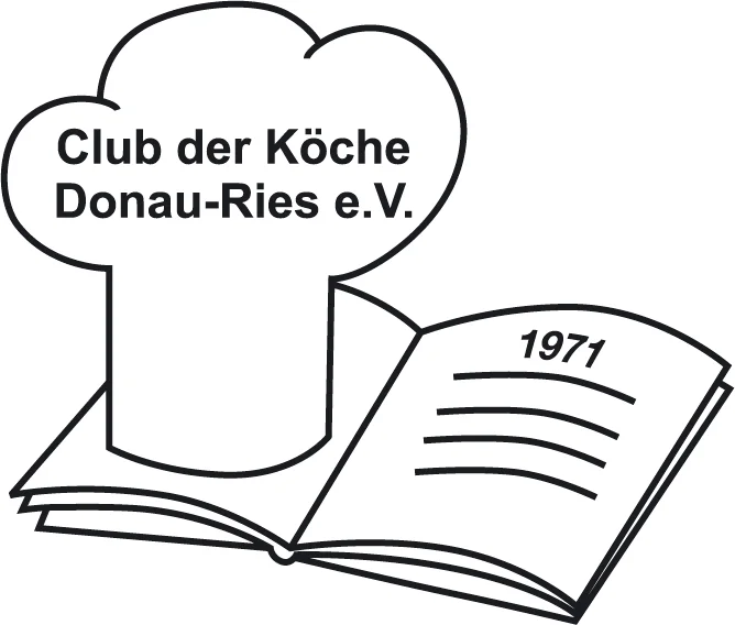 Logo des Club der Köche Donau-Ries: Ein grafisches Emblem mit Bezug zur Gastronomie, Kochsymbolen Kochmütze und Rezeptbuch. Der Schriftzug „Club der Köche Donau-Ries“ ist klar lesbar und steht im Mittelpunkt des Designs, nebst dem Gündungsdatum 1971. Das Logo wirkt traditionell und fachlich geprägt.