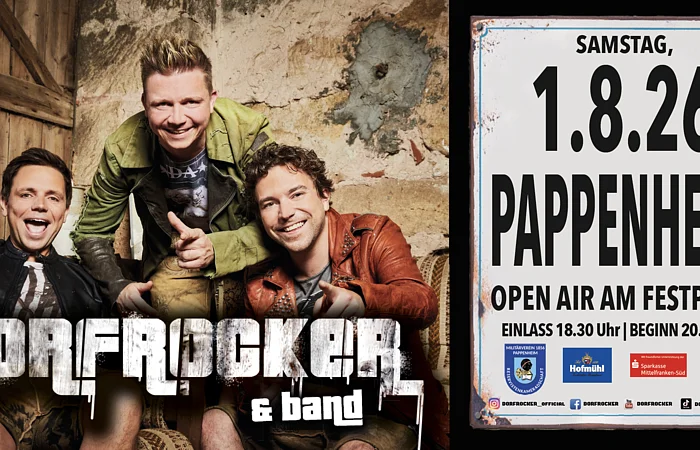 Foto der Dorfrocker Band mit Datum 1.08.2026 Open Air am Festplatz