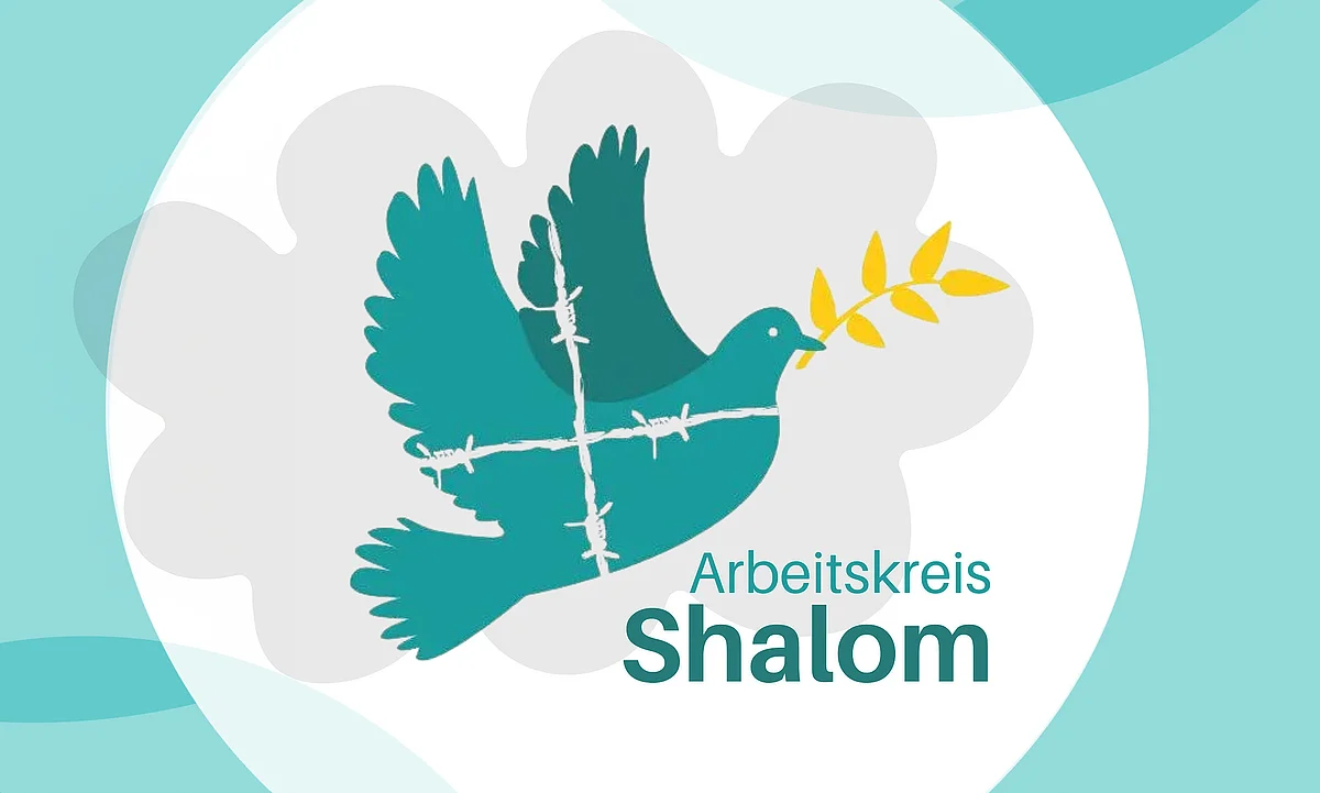 Arbeitskreis Shalom Logo Taube mit Olivenzweig im Schnabel und Stacheldraht