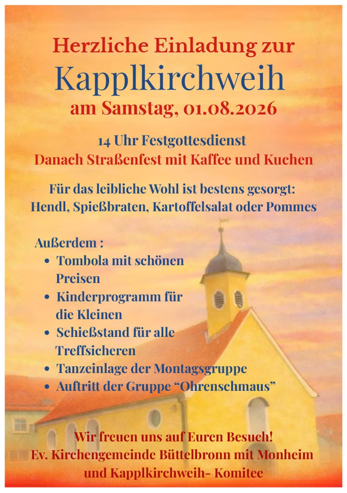Einladung zur Kapplkirchweih am 01.08.2026 mit Festgottesdienst, Straßenfest, Essen und Kinderprogramm vor Kirchturm.