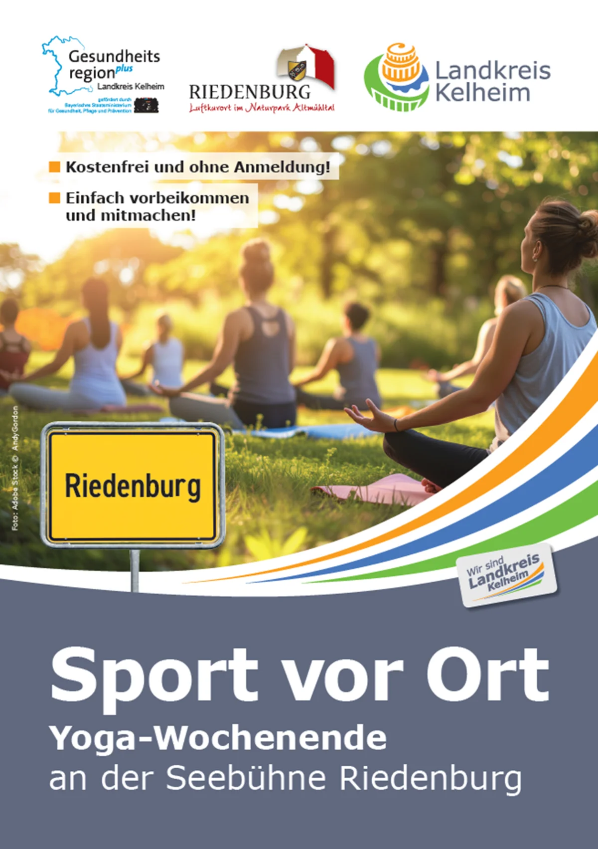 Sport vor Ort Yoga-Wochenende Auf diesem Bild sieht man das Veranstaltungsplakat. Es zeigt eine Sportgruppe Yogaübungen im Gras praktizieren.