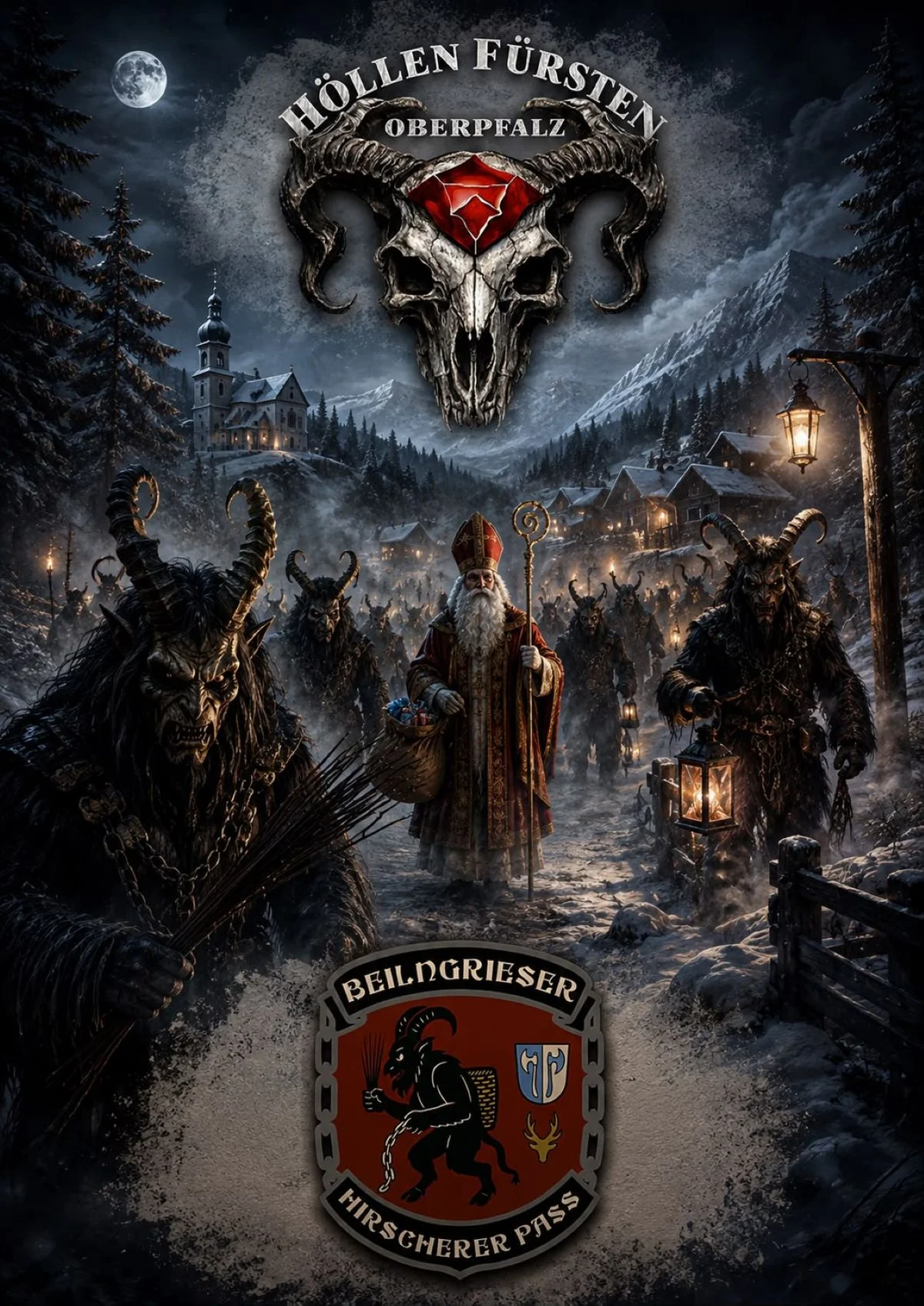 Winterliches Bild mit Perchten, Nikolaus und sonstigen wilden Gesellen ... dazu die Logos von den Gruppen Höllenfürsten Oberpfalz und Beilngrieser Hirscherer Pass