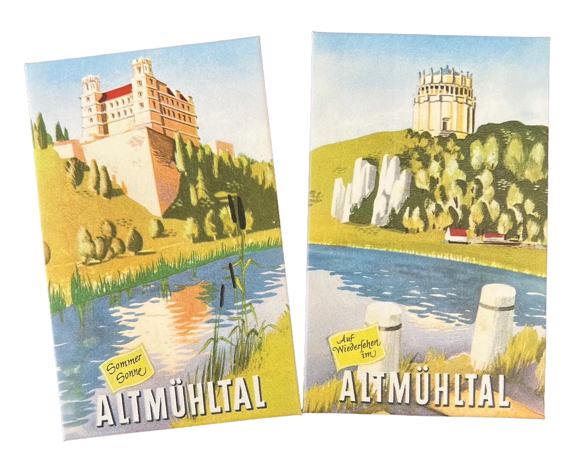 Magnet Altmühltal Zwei Magnete mit Landschaften und Gebäuden am Fluss Altmühltal, eine mit Schloss, eine mit Rundturm.