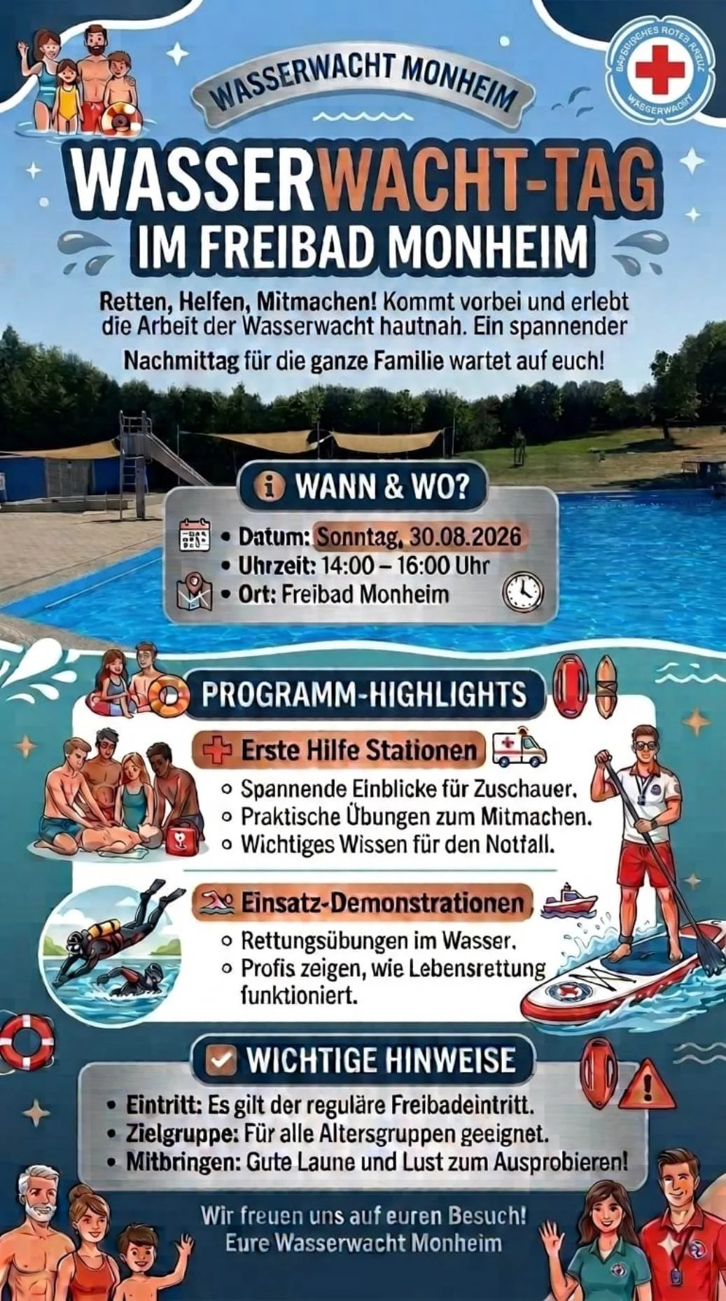 "Wasserwacht-Tag" im Freibad Monheim Plakat Wasserwacht-Tag Freibad Monheim am 30.08.2026 von 14 bis 16 Uhr mit Erste-Hilfe-Stationen und Einsatz-Demonstrationen.
Auf dem Bild ist das Logo der Wasserwacht und Programm-Hinweise