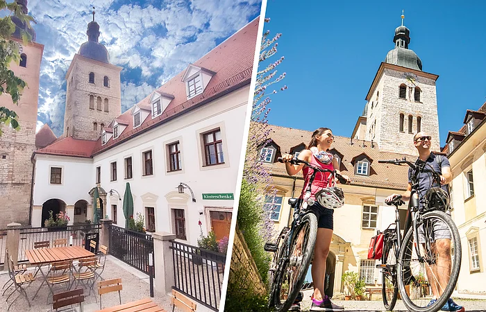 Links Innenhof mit Tischen, Stühlen und altem Gebäude mit Turm, rechts zwei Radfahrer vor historischem Gebäude mit Turm