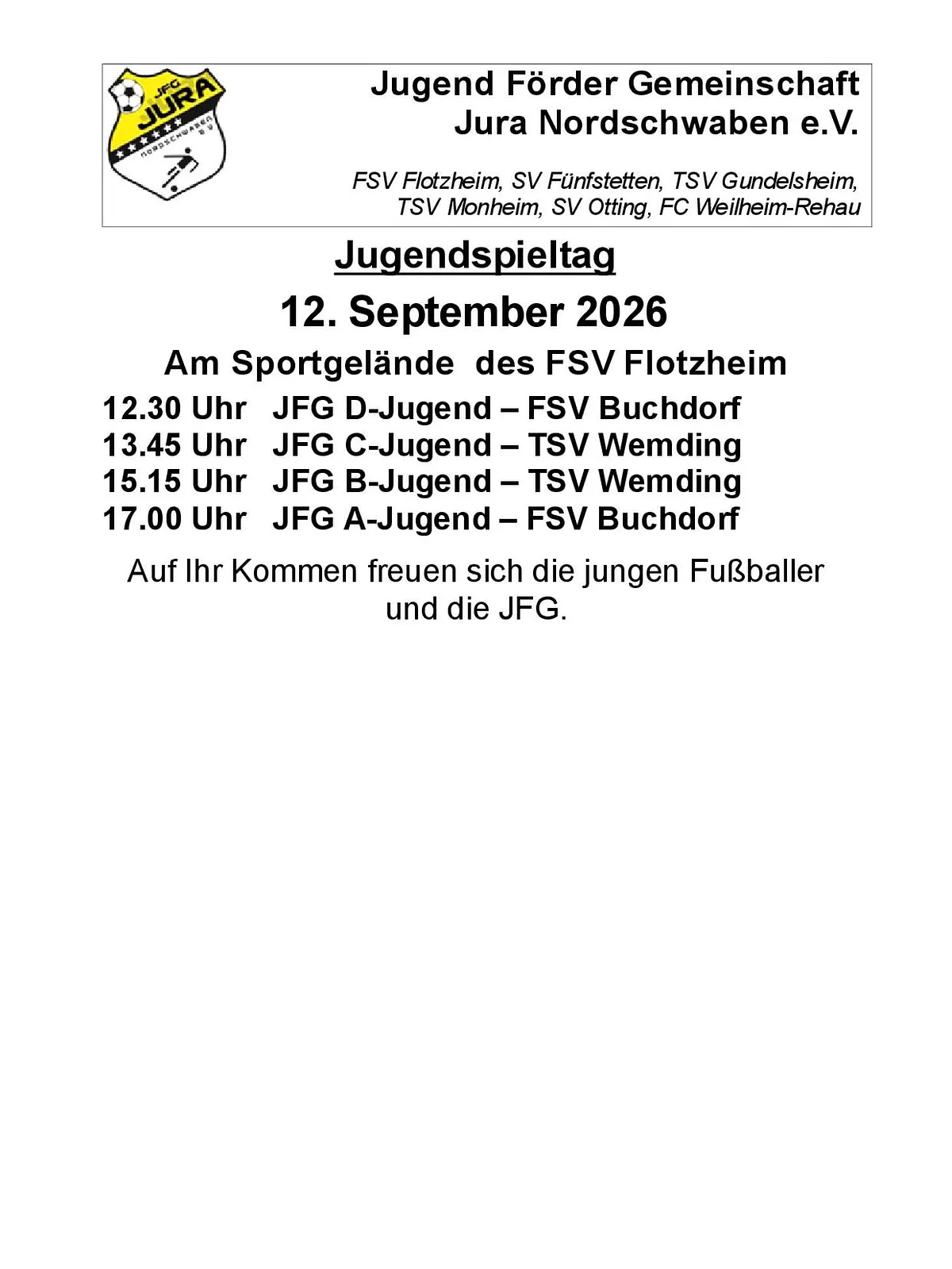 Einladung JFG Jura Nordschwaben zum Jugenspieltag. Plakat mit Logo und Ankündigung Jugendspieltag am 12. September 2026 mit Spielzeiten und Mannschaften auf Sportgelände FSV Flotzheim.
