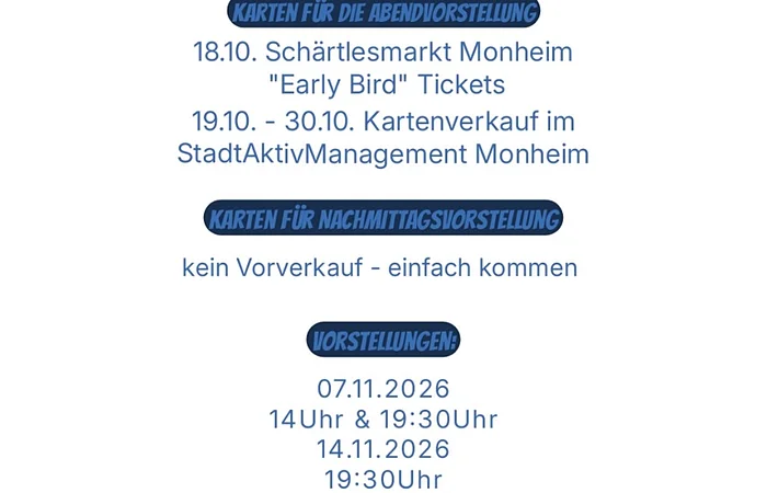 Informationen zum Kartenverkauf und Vorstellungstermine zum Kolping-Theater im November 2026 in Monheim.