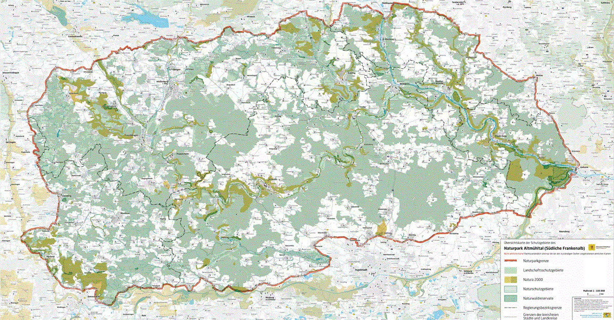 Gebietsgrenzen und Schutzzonen Übersichtskarte der Schutzgebiete des Naturparks Altmühltal (Südliche Frankenalb) mit Grenzen und Schutzgebietsarten.