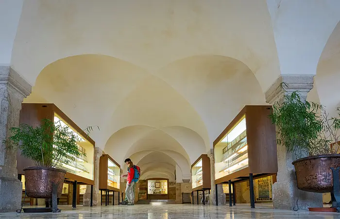 Im Mittelgang des Museums stehen links und rechts beleuchtete Vitrinen. Zwei Wanderer betrachten eine Vitrine auf der linken Seite. Der Raum ist hell und hat zudem Säulen und Rundbögen.