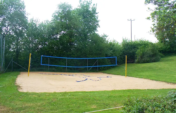 Sandvolleyballfeld mit blauem Netz und grüner Umgebung, keine Personen sichtbar.