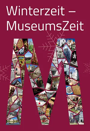 Winterzeit - MuseumsZeit Ein großes M mit Fotocollagen ausgefüllt brangt auf roten Hintergrund.