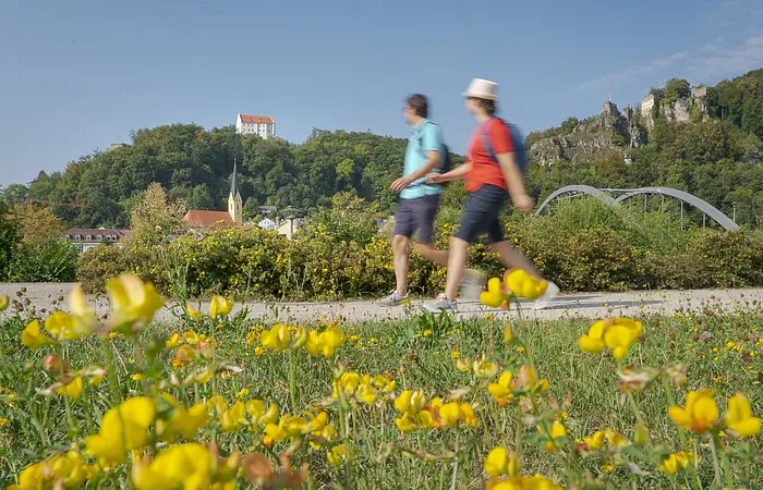 Ein Pärchen wandert entlang des Main-Donau-Kanals. Gelbe Blumen blühen im Gras neben dem Weg. Im Hintergrund trohnt Burg Prunn umgeben von Wäldern. Der Himmel strahlt wolkenlos.