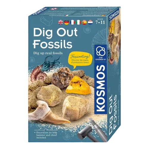 Ausgrabungsset Fossilien Schachtel des Fossilien Ausgrabungssets mit englischem Text (Dig Out Fossils) vom Hersteller KOSMOS.