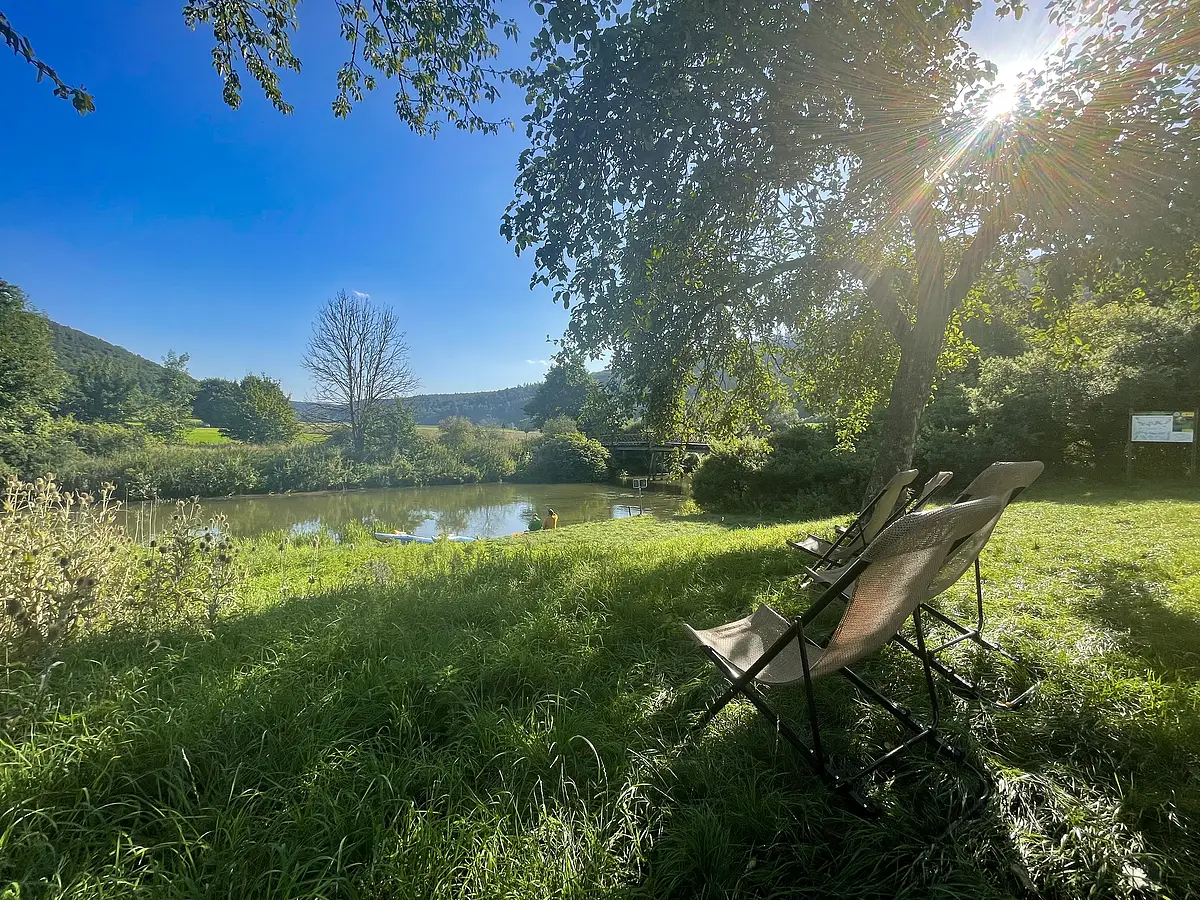 Drei leere Liegestühle stehen im Schatten eines Baums an einem Flussufer bei Sonnenschein.