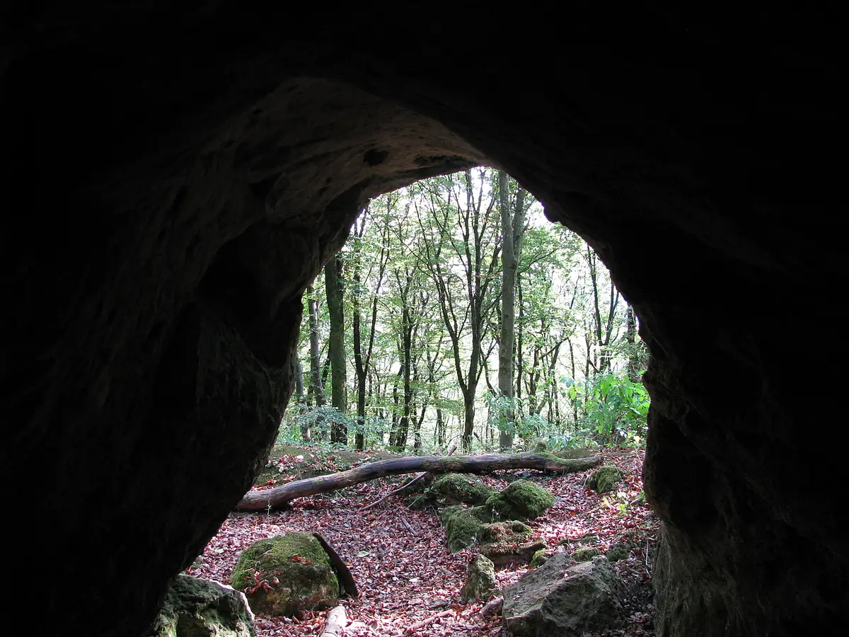 Höhle bei Aicha im Wellheimer Trockental, auch Urdonautal genannt. Blick aus dem Höhleninneren