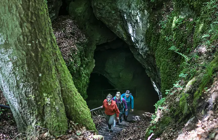 Aus dem Eingang der Höhle sind drei Wanderer nach oben unterwegs. Die Höhle liegt mitten im Wald und der felsige Eingang ist mit Moos übersät.
