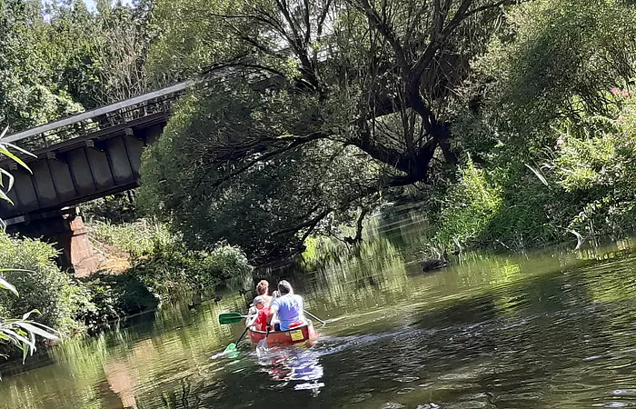 Zwei Personen paddeln in einem Kanu auf einem Fluss, umgeben von Bäumen, unter einer Brücke.