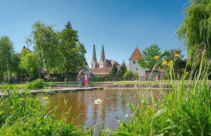 Park mit Teich, Wiese, Bäumen und Menschen vor historischen Gebäuden mit zwei Türmen bei blauem Himmel