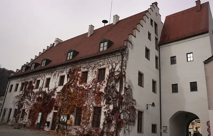 Altes weißes Gebäude mit roten Dachziegeln und herbstlichen Kletterpflanzen an der Fassade bei bewölktem Himmel.