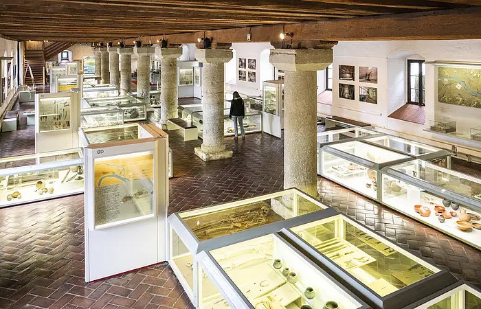 Museumsausstellung mit Vitrinen, archäologischen Funden und einer Person vor Säulen in historischem Gebäude