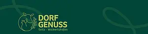Dorfgenuss Hofladen_Logo Langgezogenes Rechteck dunkelgrün. Links eingerückt eine Strichzeichnung Kuh mit Huhn ineinander verschlungen, daneben der fette Schriftzug: Dorf, darunter Genuss, darunter in schmaler Schrift: Seitz punkt Wolkertshofen. Alles in der Farbe hellgrün.