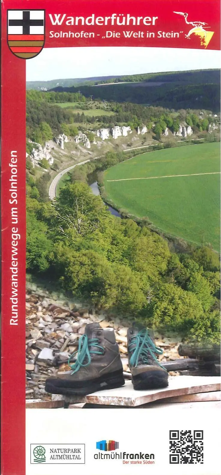 Wanderkarte Solnhofen Die Wanderkarte zeigt die Felsformation Zwölf Apostel und Wanderschuhe im Vordergrund. Die Karte enthält Rundwanderwege um Solnhofen.